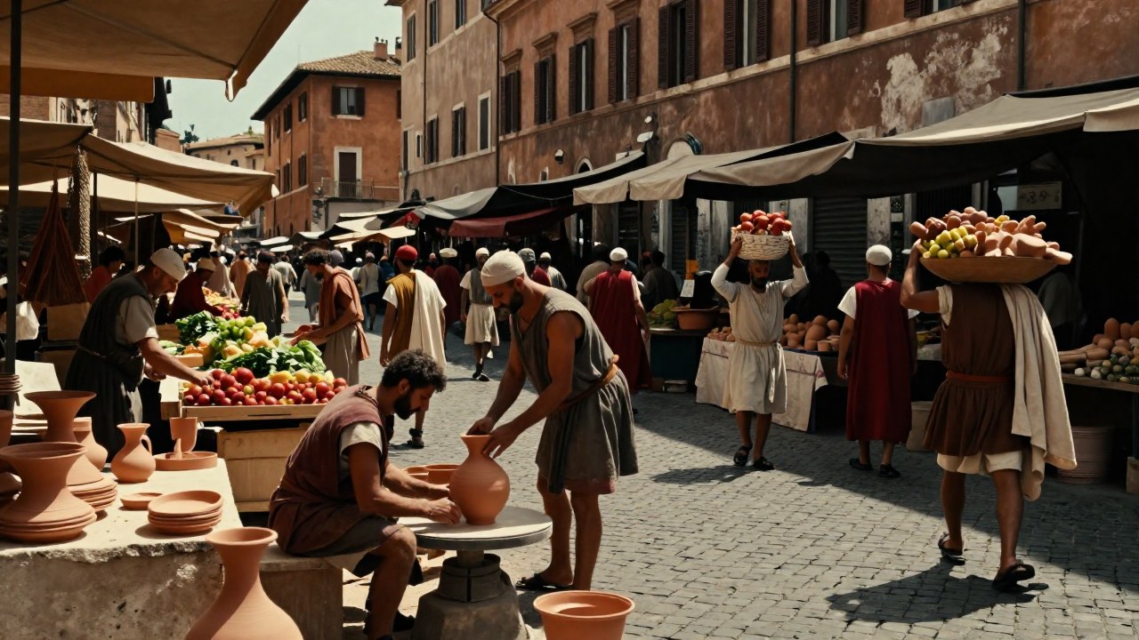 Mercado romano bullicioso con plebeyos realizando labores diarias: ceramistas, vendedores y cargadores.