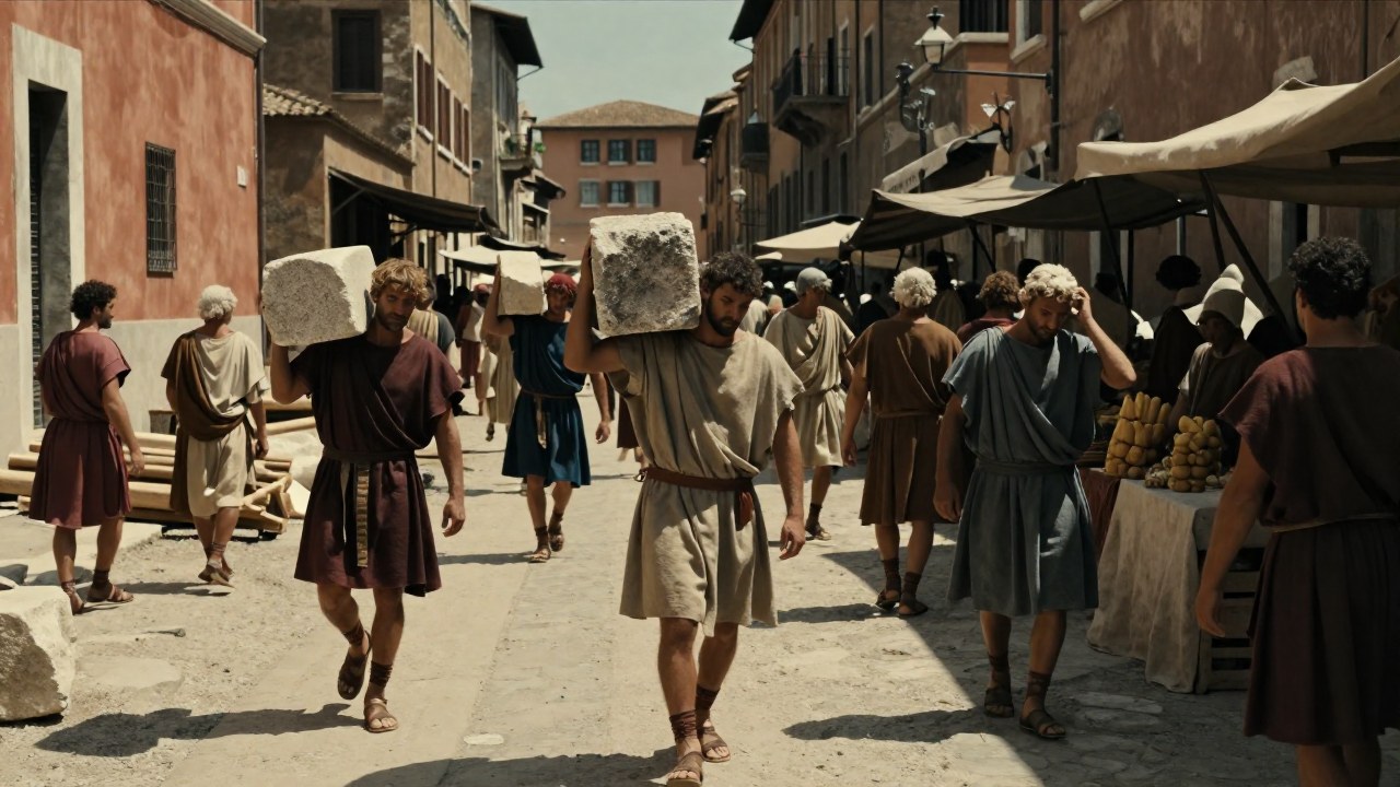 Plebeyos romanos realizando trabajos manuales y comercio en la bulliciosa vida de una antigua ciudad.