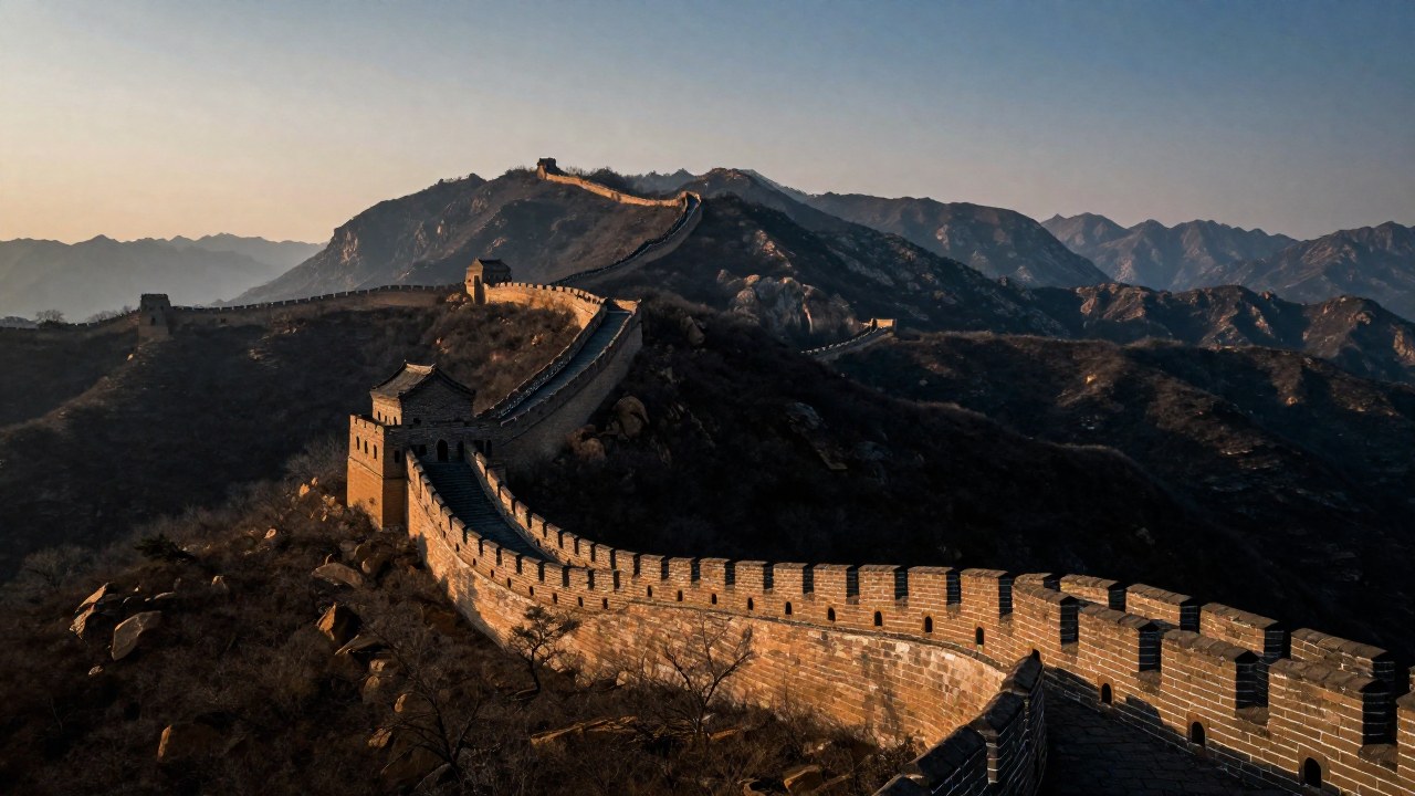 La Gran Muralla China atraviesa una escarpada y monumental cordillera en un paisaje árido.