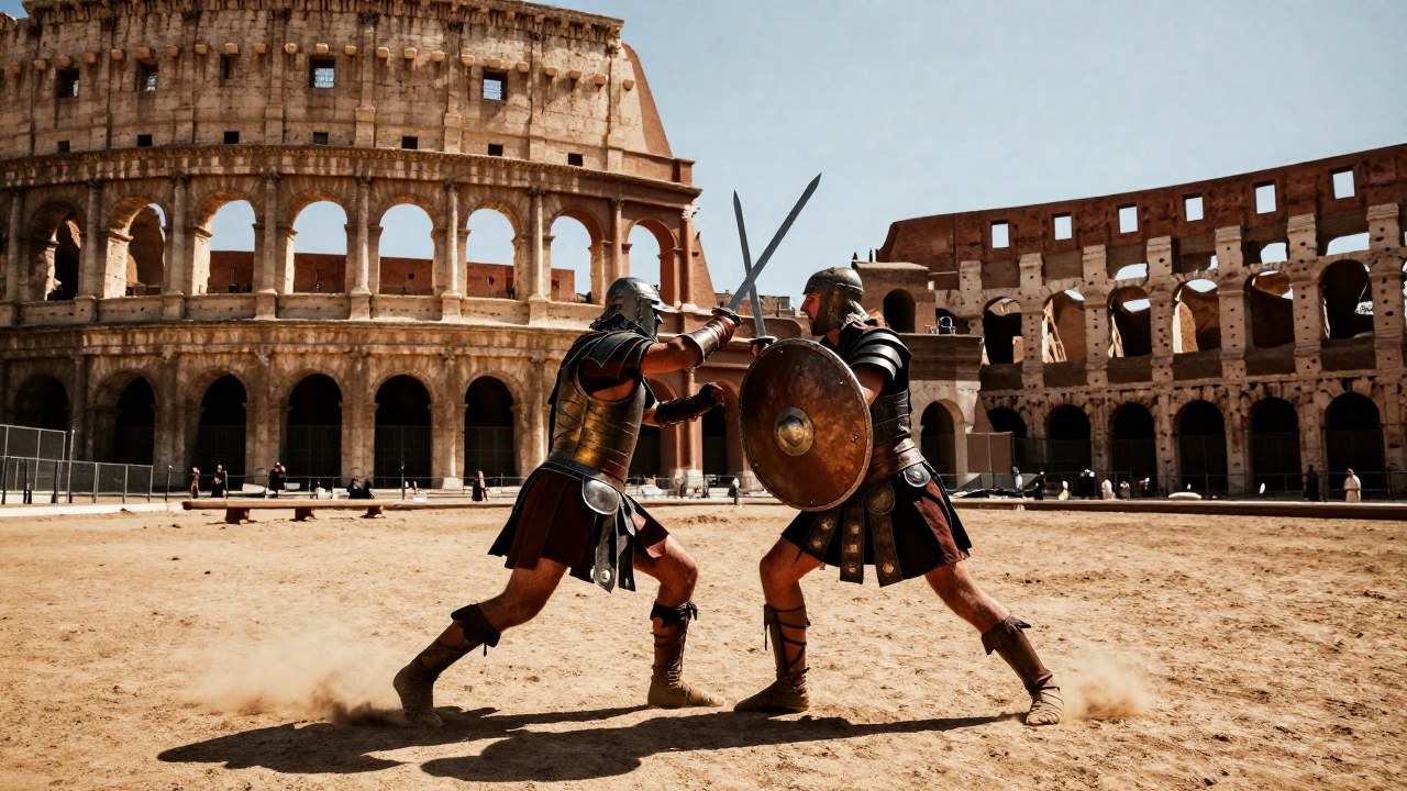 Gladiadores en un combate intenso dentro de la vasta arena del Coliseo romano.