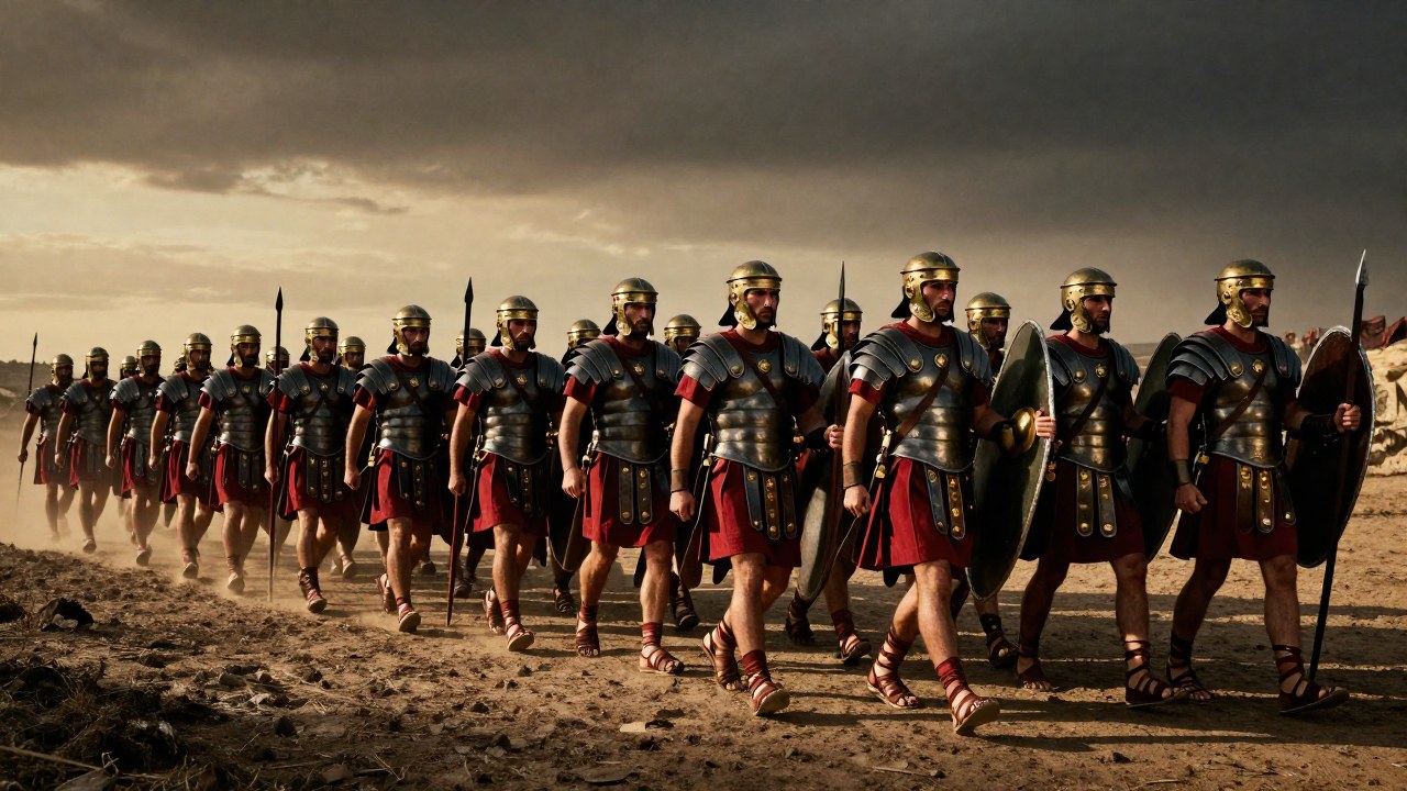 Legionarios romanos en formación disciplinada marchando por un campo de batalla antiguo.