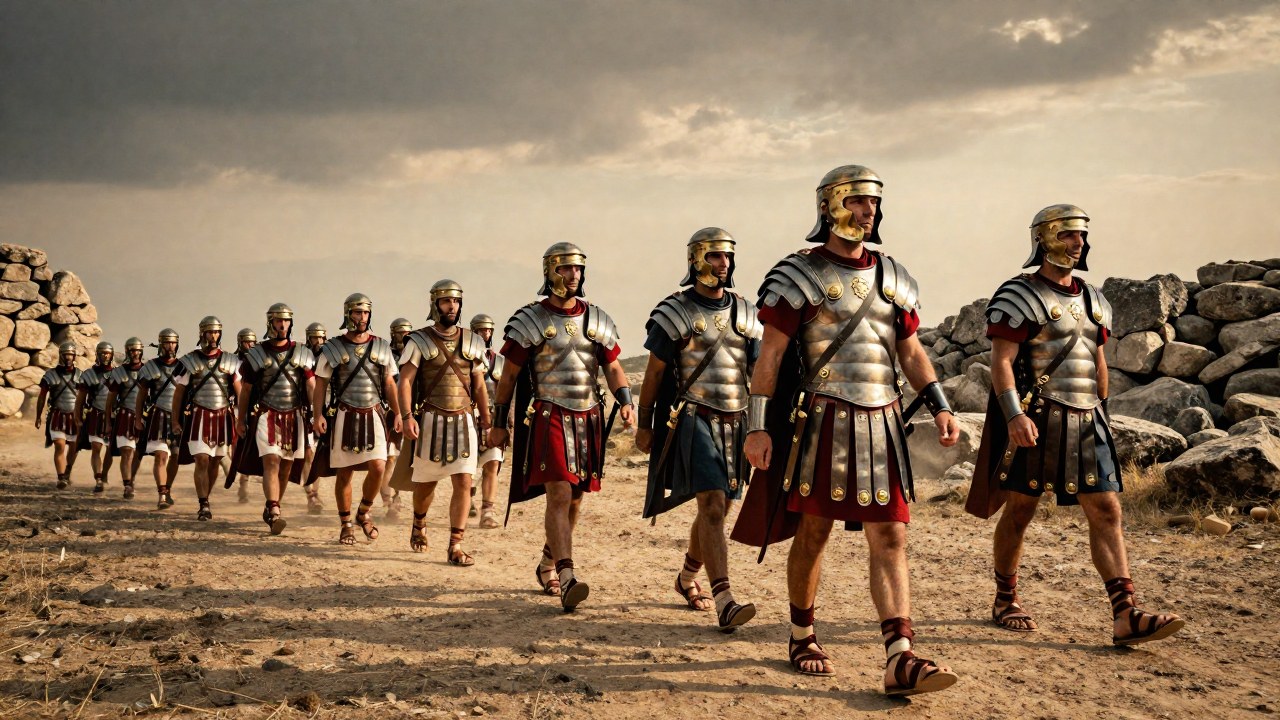 Legionarios romanos de distintas épocas marchan en formación militar para ilustrar su evolución.