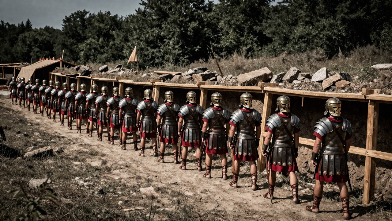 Legionarios romanos en formación defensiva patrullan una frontera fortificada en un paisaje agreste.