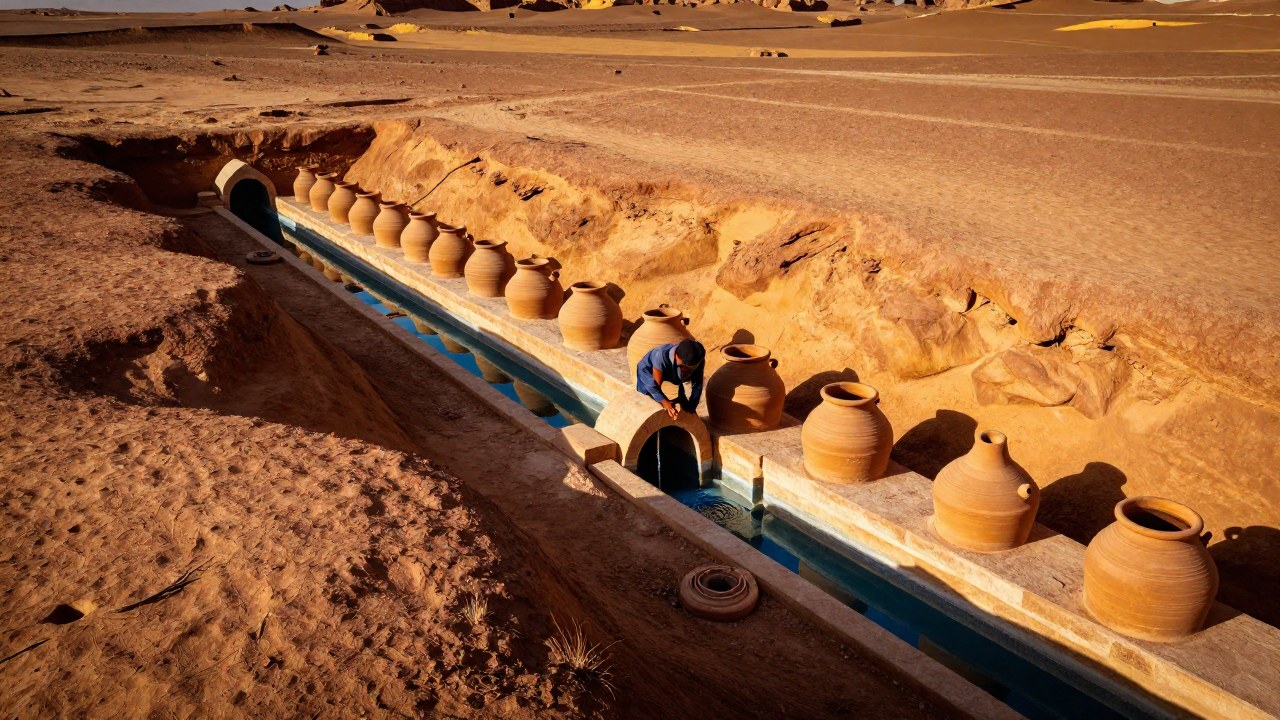 Una figura examina un complejo sistema de cisternas y canales de gestión hídrica en un desierto.