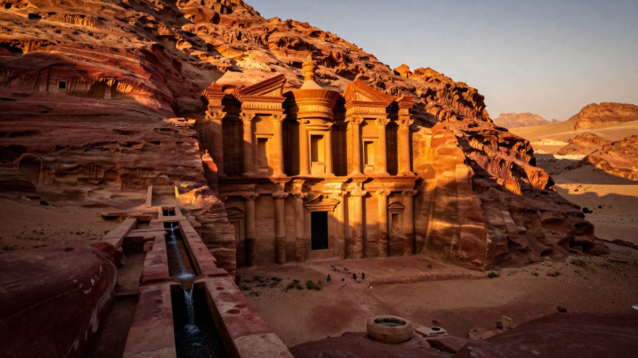 Infraestructura de gestión de agua en Petra: canales tallados en roca desértica con agua fluyendo.