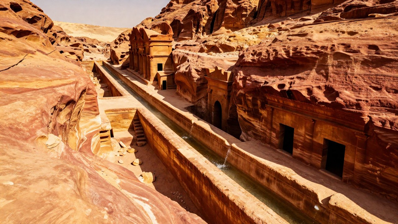 Canales y cisternas nabateas en Petra demuestran el ingenio del manejo del agua en el entorno desértico.