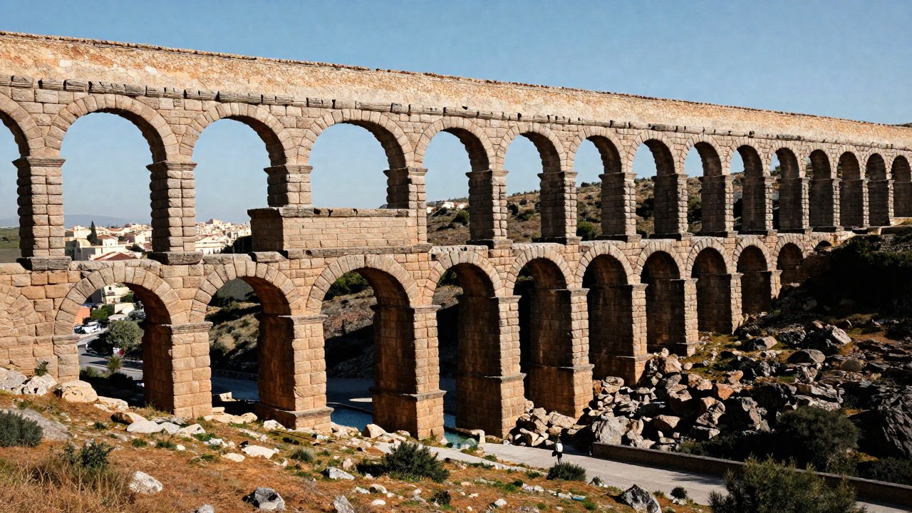 Acueducto romano monumental que atraviesa el paisaje mediterráneo, mostrando su ingeniería y el flujo de agua.