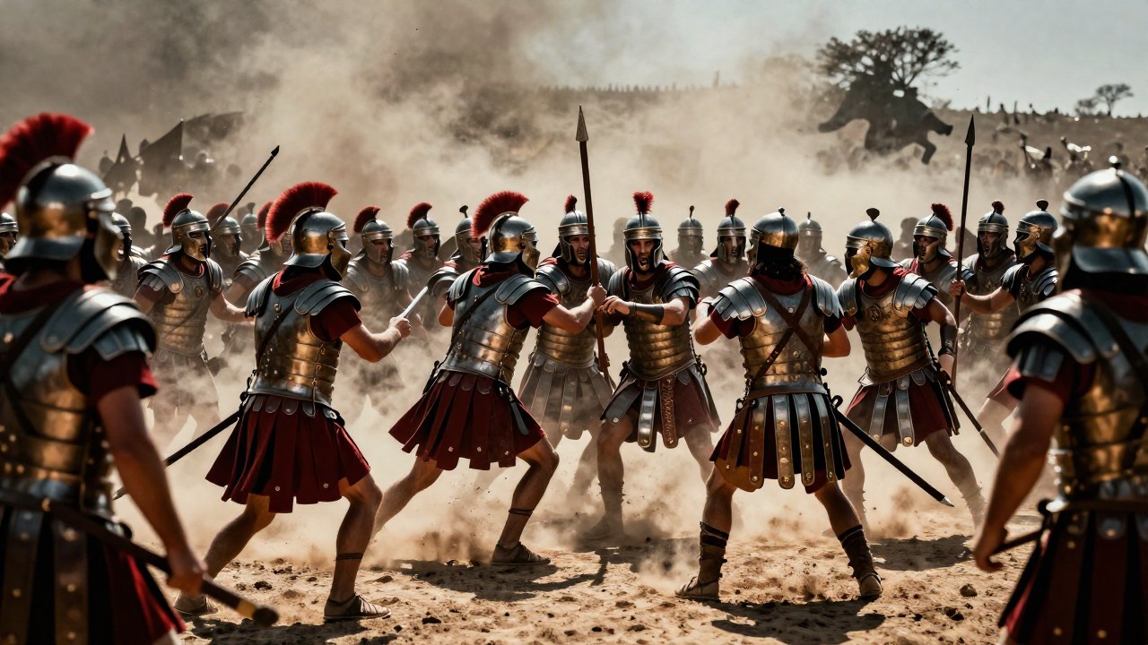 Enfrentamiento en la batalla entre los Inmortales persas y los hoplitas griegos, destacando el choque de tácticas militares.
