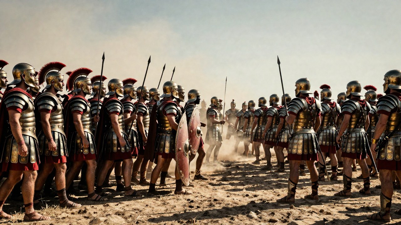 Los hoplitas griegos en falange se enfrentan a los Immortales persas en un campo de batalla.
