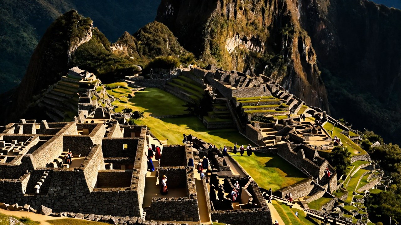 Grupo de personas en Machu Picchu recorren las terrazas que simbolizan la estructura organizada del Imperio Inca.
