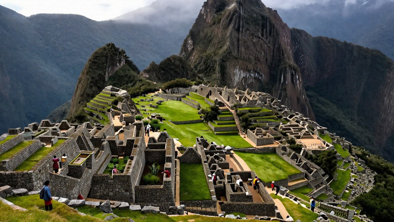 Ciudadela de Machu Picchu con terrazas incas en pendiente y figuras realizando labores agrícolas.