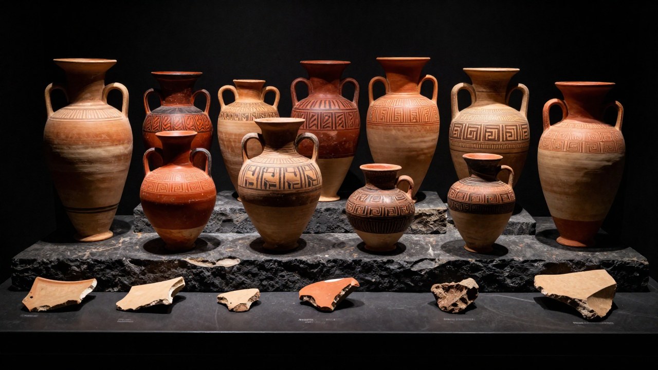 Varias piezas de cerámica micénica dispuestas para ilustrar la evolución de estilos y motivos geométricos.