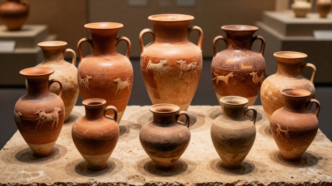 Exhibición de cerámica micénica antigua con motivos geométricos y animales estilizados en una superficie de piedra.