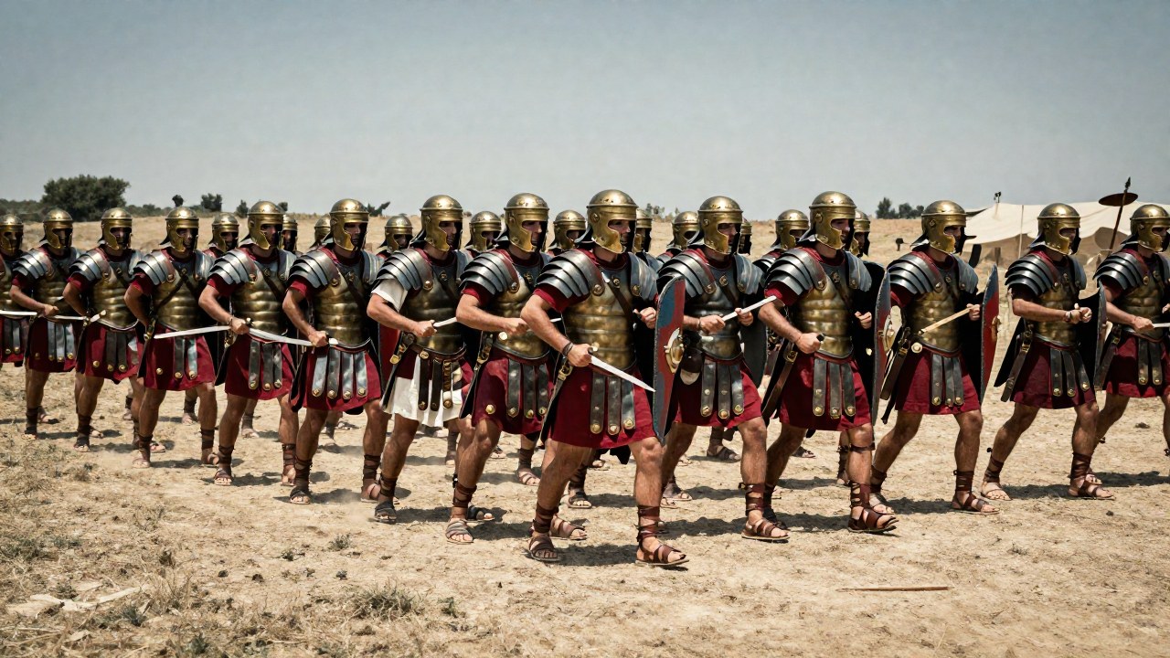 Legionarios romanos disciplinados ejecutan una compleja maniobra táctica en un campo de entrenamiento.