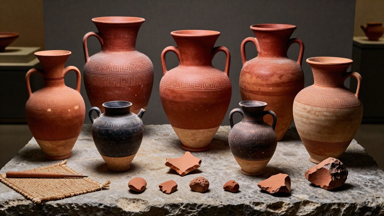 Colección de vasijas y fragmentos de cerámica micénica expuestas en un entorno arqueológico.