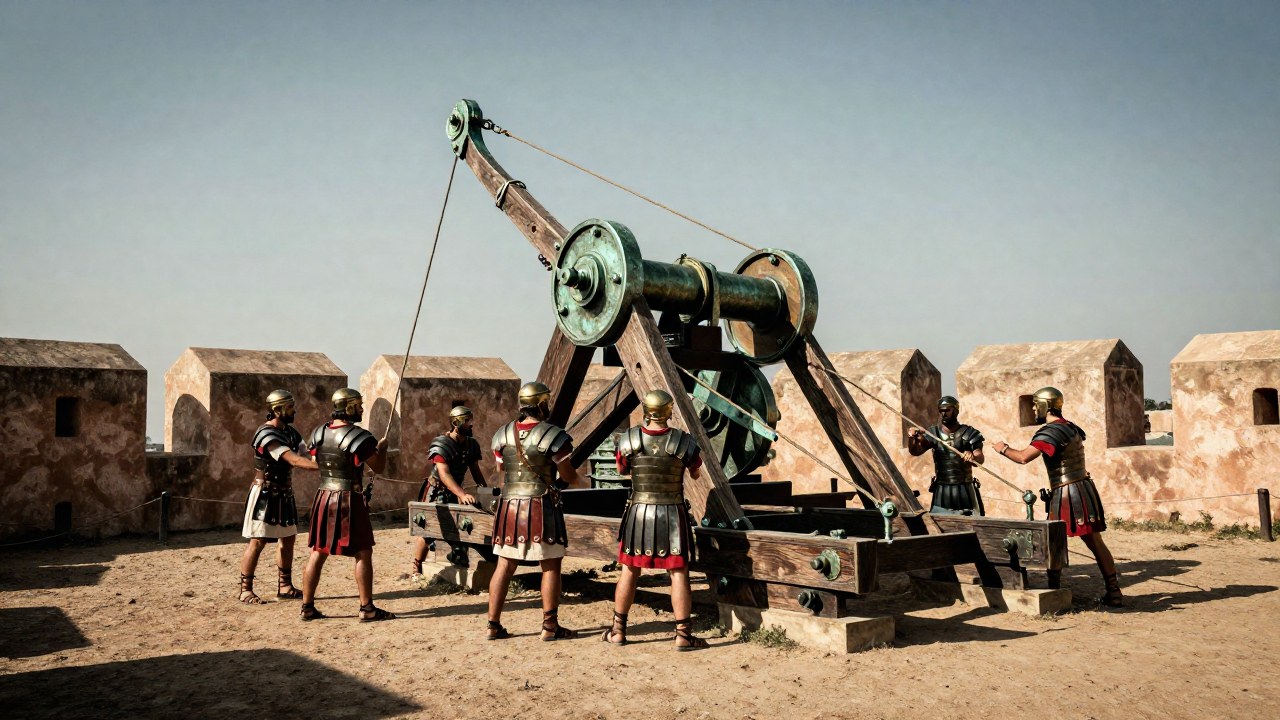 Soldados romanos operan una enorme ballista de asedio en una fortificación militar antigua.