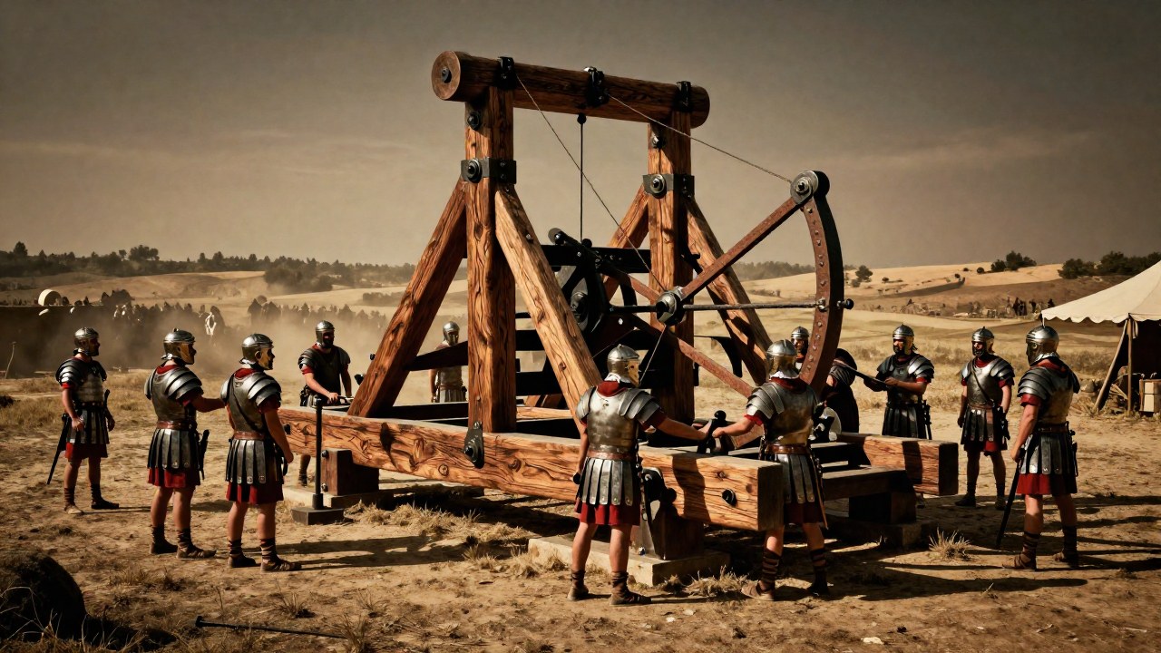 Soldados romanos ajustan y operan una ballista masiva en el campo de batalla.