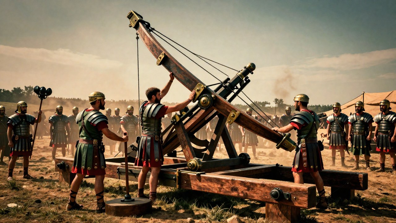 Soldados romanos operando una ballista masiva en un campo de batalla, mostrando el esfuerzo organizado del asedio.