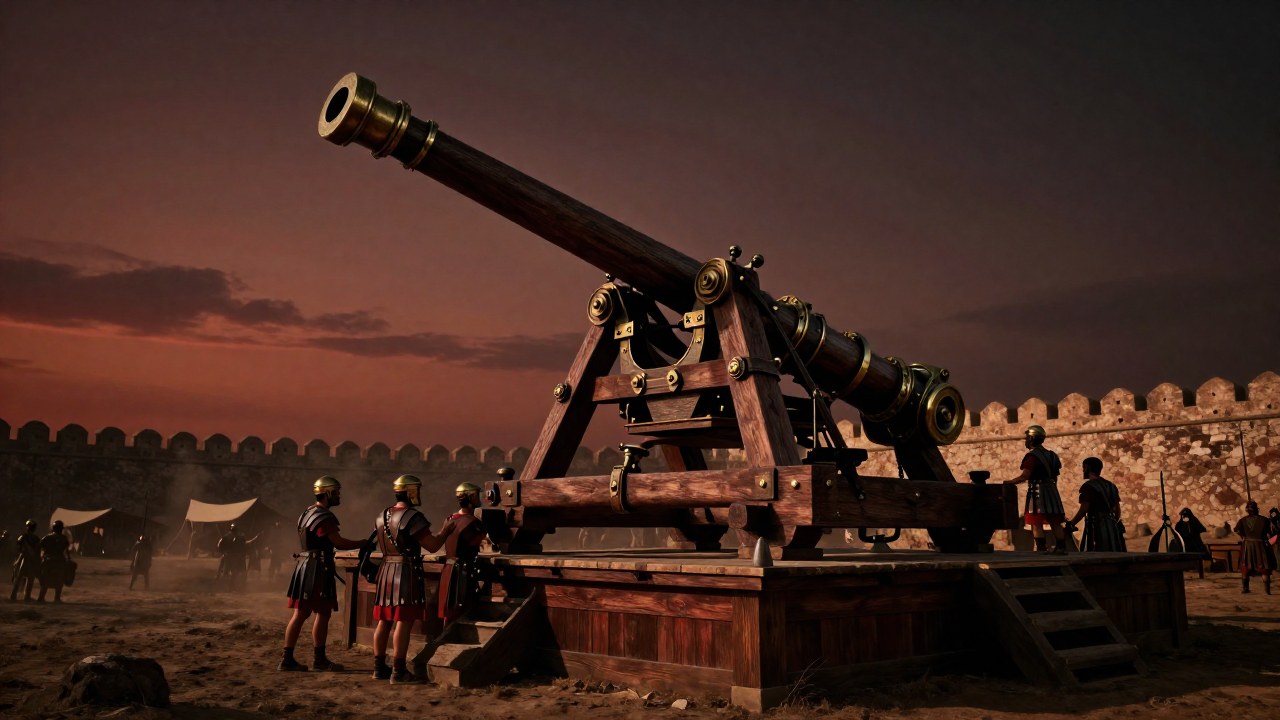 Soldados romanos operan una ballista de asedio en una plataforma fortificada durante una campaña militar.