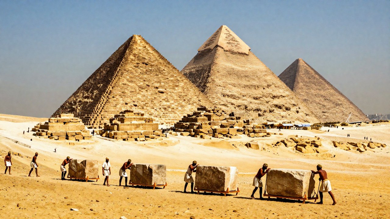 Trabajadores egipcios moviendo bloques de piedra caliza en una rampa de construcción de las Pirámides de Giza.