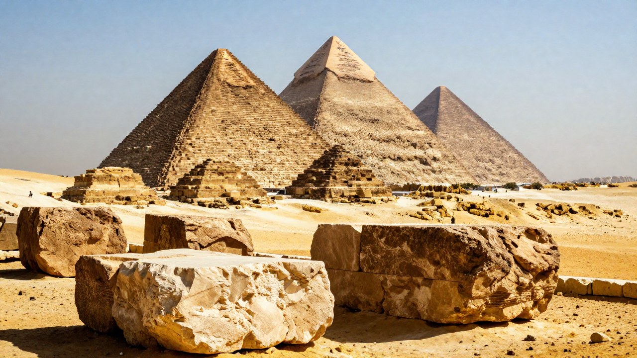 Bloques de piedra caliza junto a las Pirámides de Giza, evidenciando el material de construcción en el desierto.
