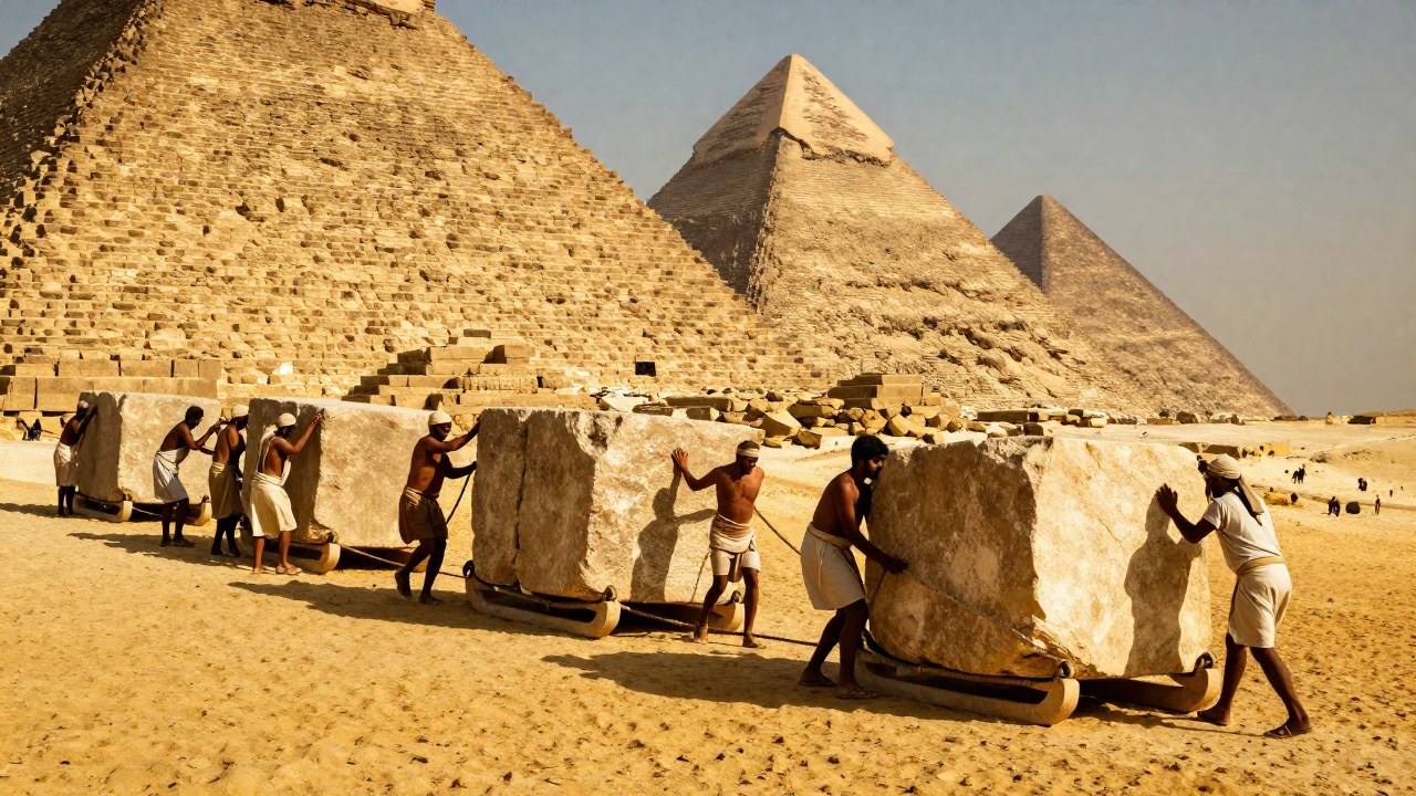 Trabajadores egipcios coordinan el movimiento de enormes bloques de piedra en la construcción de la Pirámide de Giza.