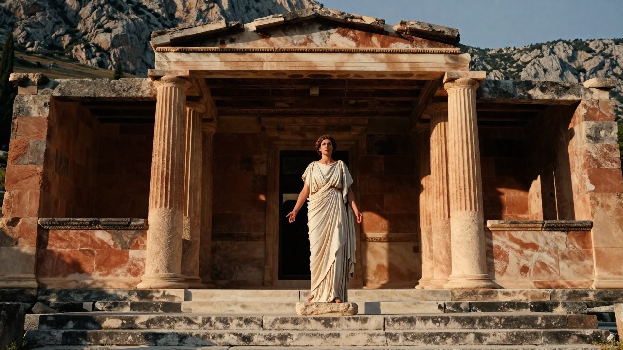 Una Pythia en el recinto sagrado del Templo de Apolo en Delfos, en actitud de contemplación ritual.