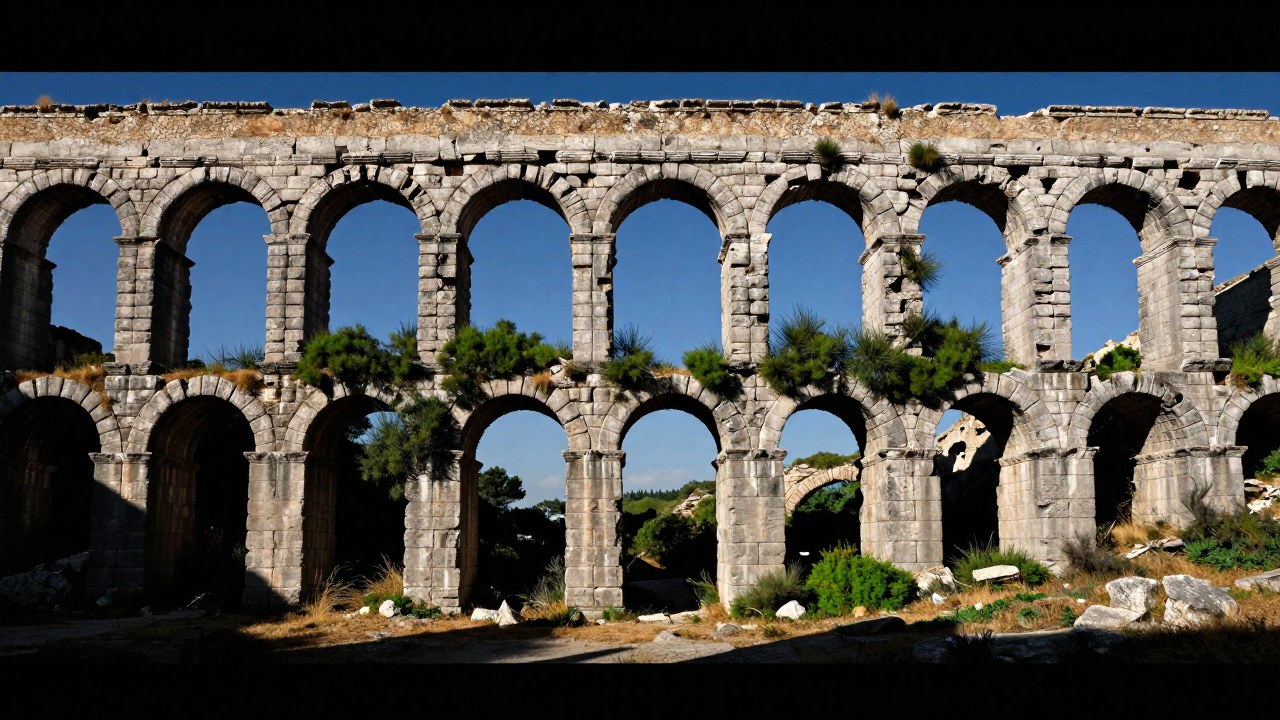 Arcos de un acueducto romano en ruinas, cubiertos de vegetación en un paisaje seco.