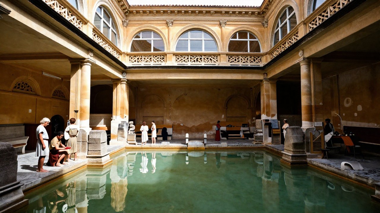 Complejo de baños romanos con arquitectura monumental y figuras interactuando en sus estanques.