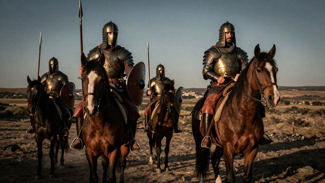 Guerreros de la Antigua Hispania montados, exhibiendo detallada armadura y armamento en un paisaje árido.