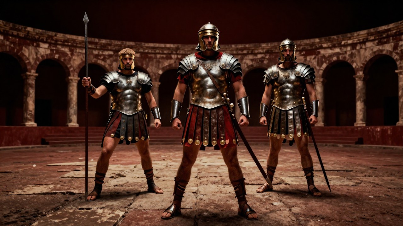 Tres gladiadores romanos con distintas armaduras posan dinámicamente en la arena del anfiteatro.