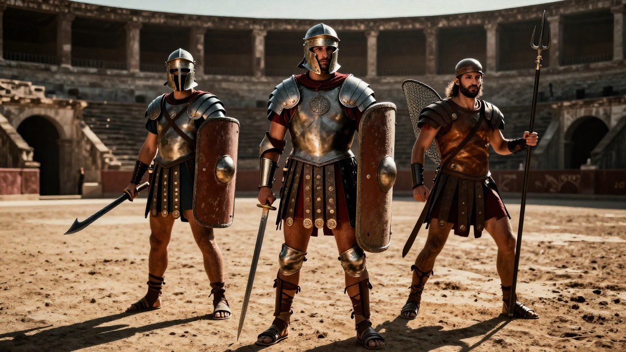 Tres gladiadores romanos, de distintas tipologías, están en el perímetro de una antigua arena.