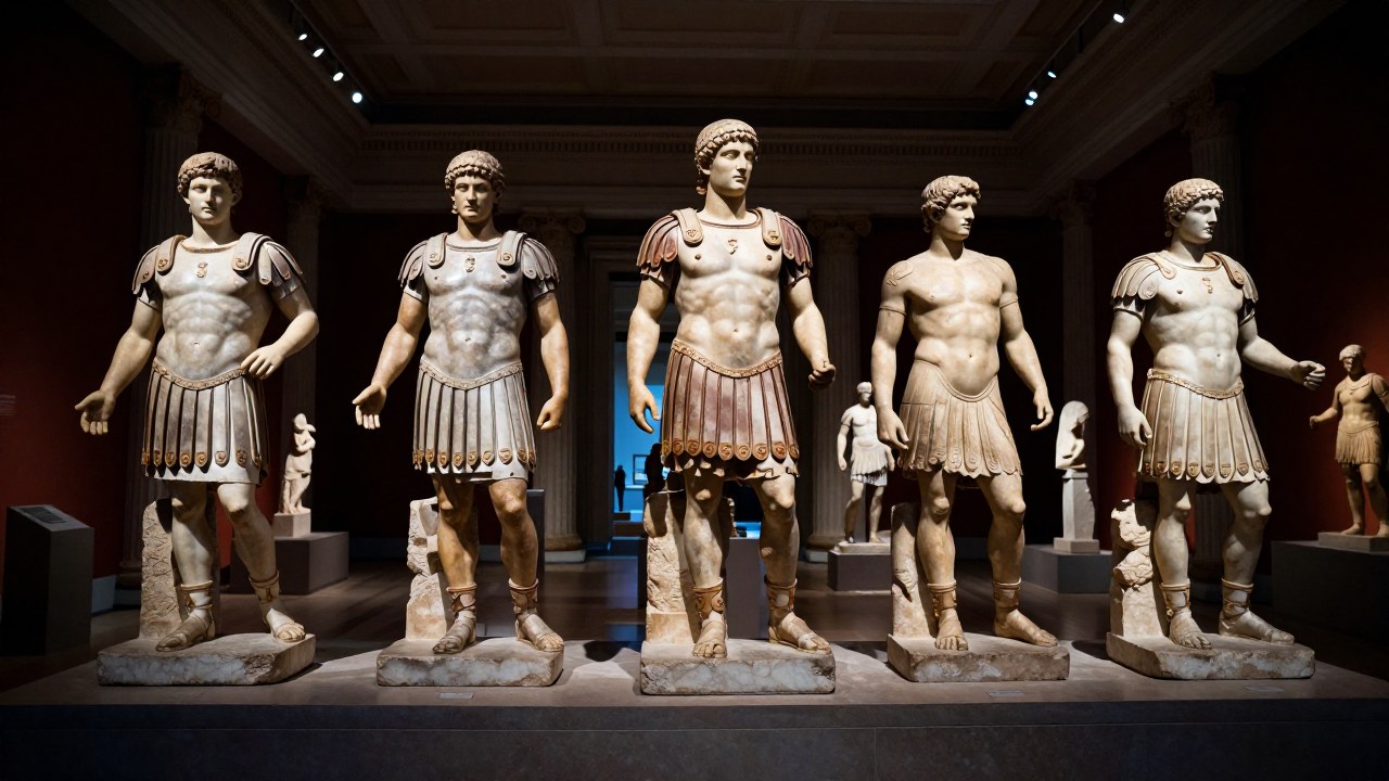 Exhibición de estatuas de gladiadores romanos mostrando sus distintos diseños de armadura y posturas.