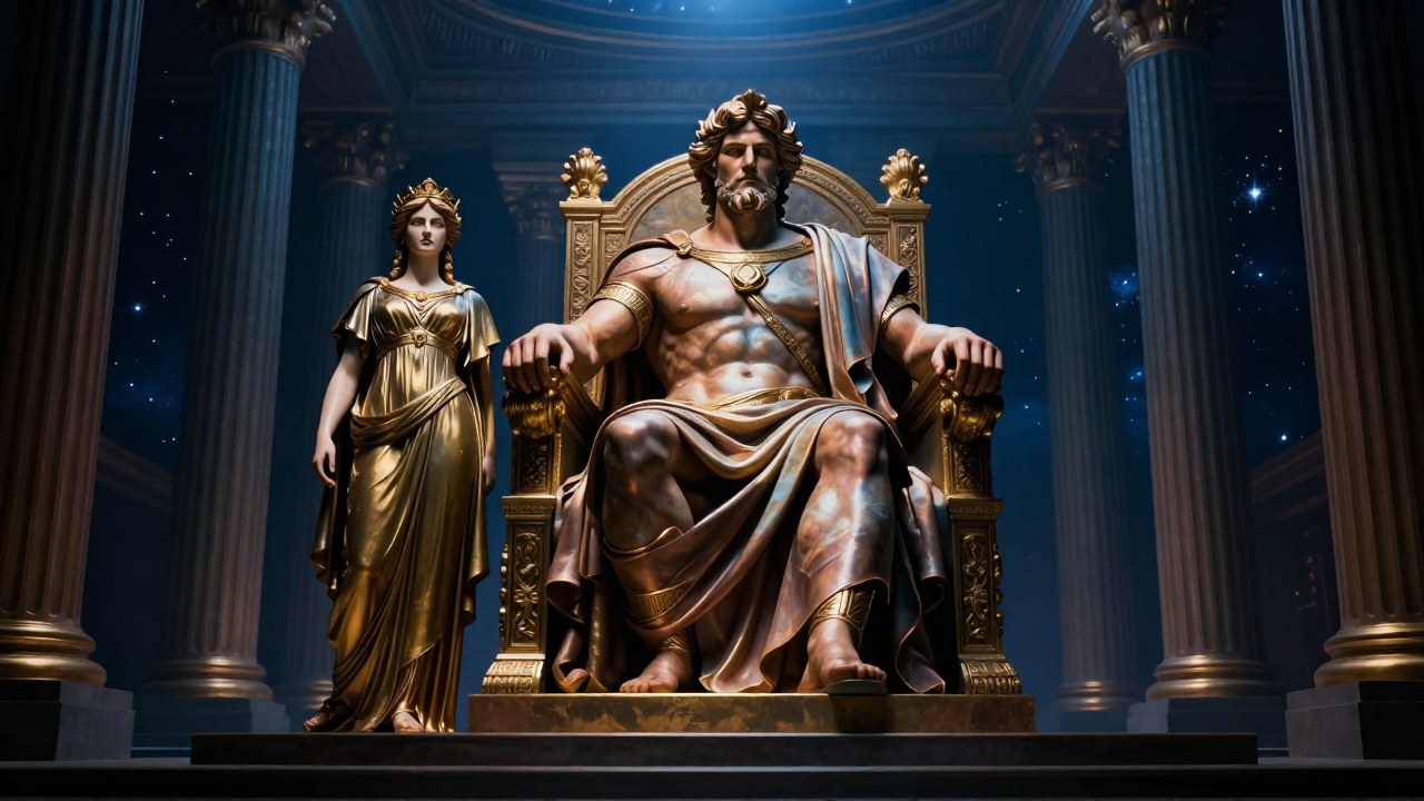 Júpiter y Juno en un salón de trono colosal, simbolizando el orden divino y el poder cósmico.
