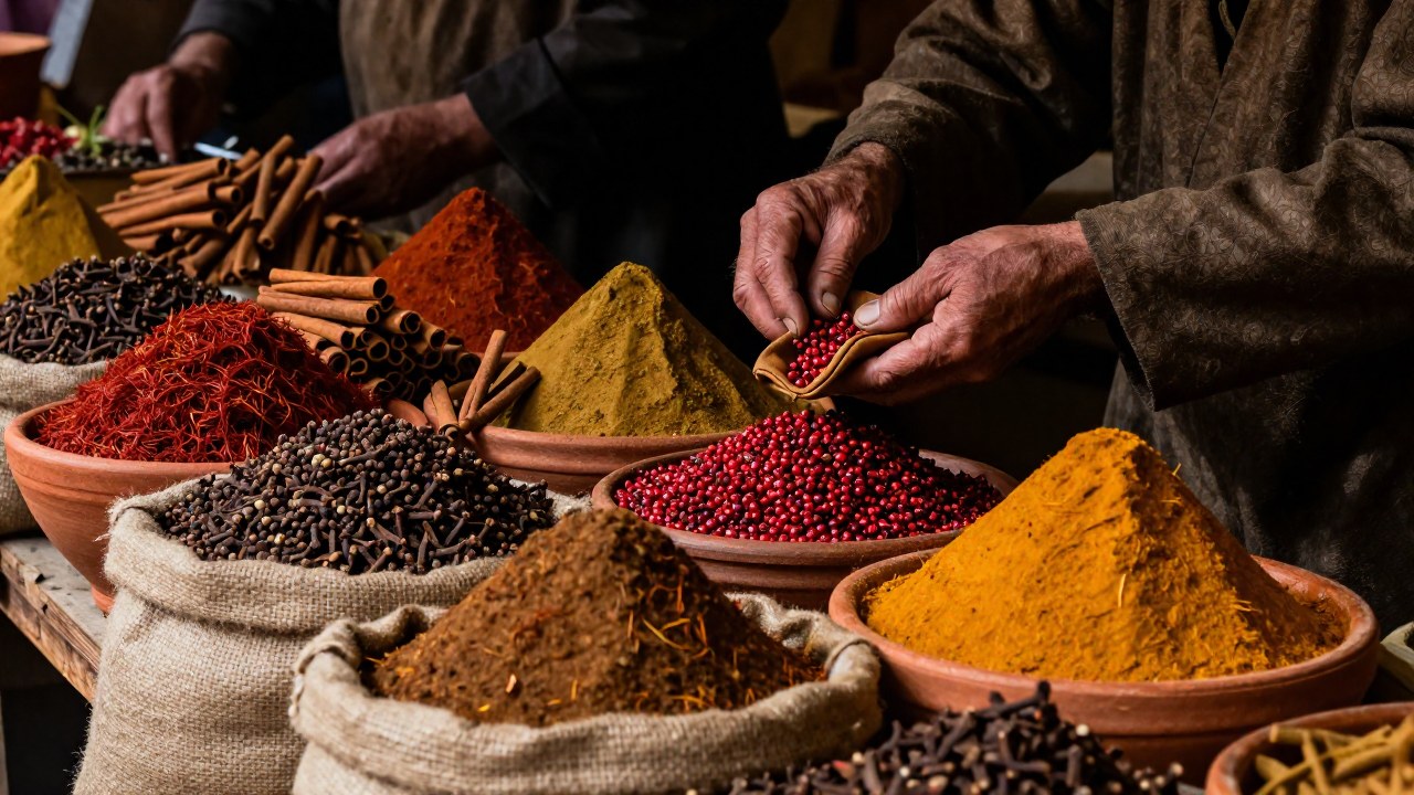 Un comerciante medieval pesa granos de pimienta roja de un puesto lleno de especias exóticas.