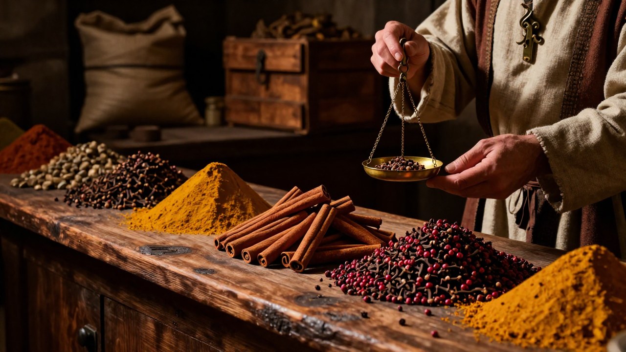 Mercader medieval pesa especias exóticas como canela y clavo en una balanza antigua.