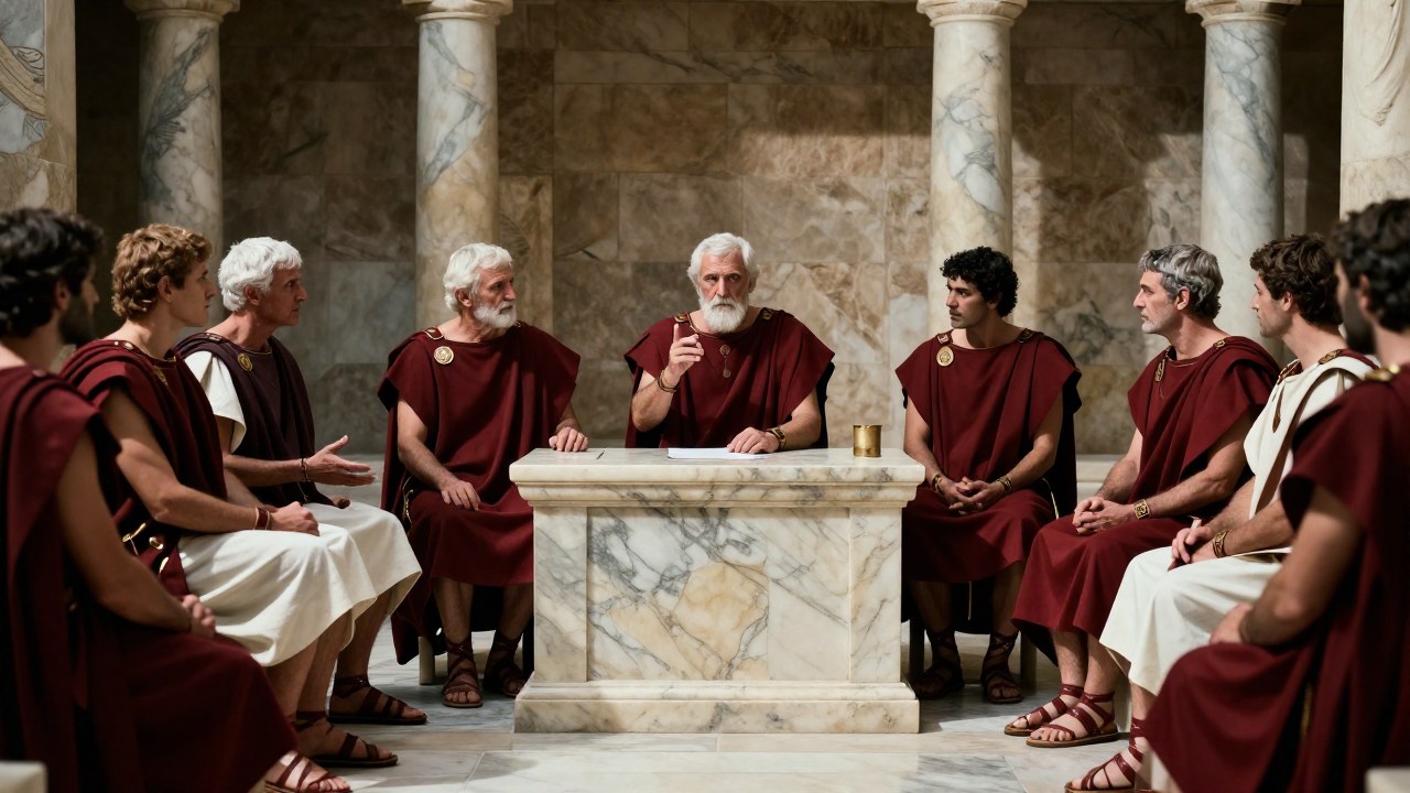 Hombres espartanos en una sombría reunión de consejo político dentro de una casa de mármol antigua.