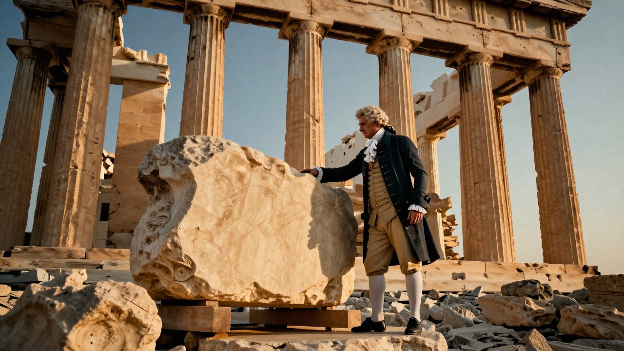 Lord Elgin supervisa la extracción de un fragmento esculpido entre las ruinas del Partenón en Atenas.
