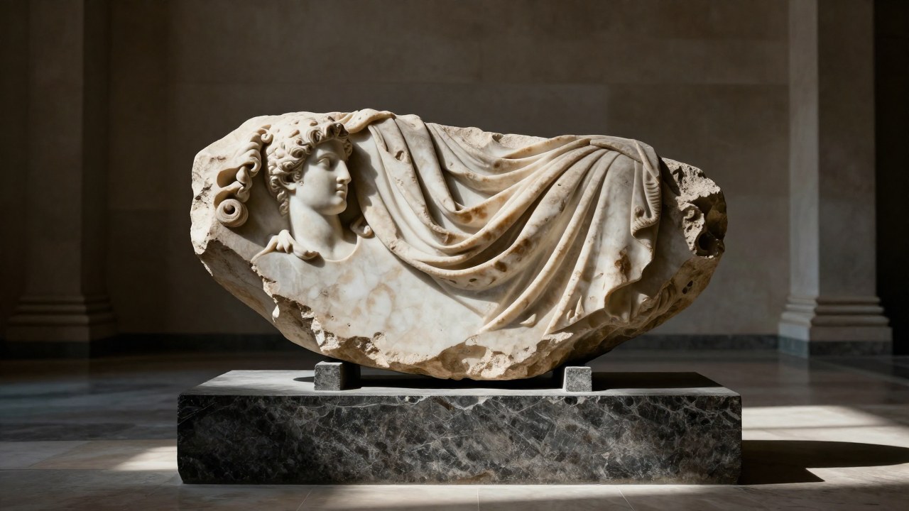 Fragmento de escultura clásica griega de mármol sobre un pedestal en un amplio espacio arquitectónico.