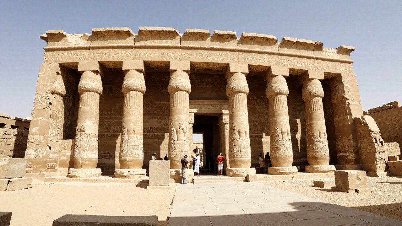 Constructores antiguos trabajan en la monumental estructura del Templo de Karnak en Egipto.