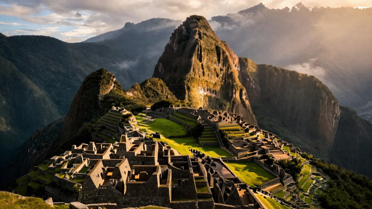La antigua ciudad inca de Machu Picchu enclavada entre picos andinos y niebla matutina.