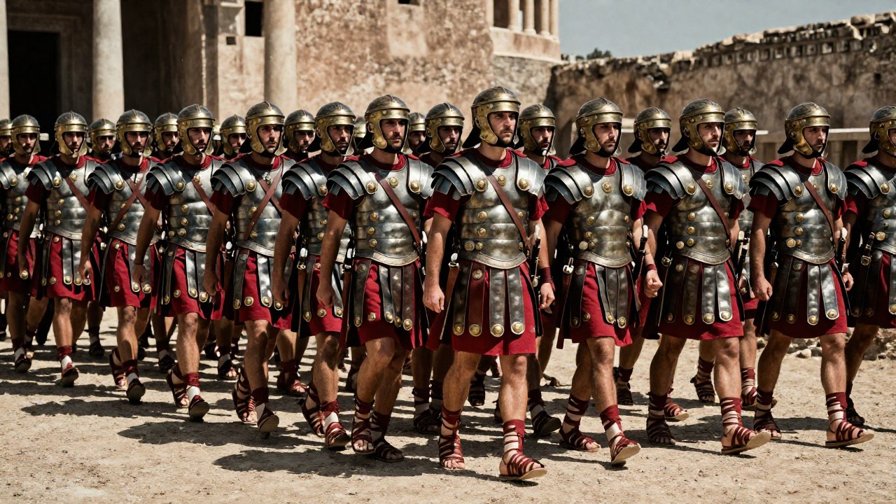 Cohorte de legionarios romanos marchando disciplinadamente en formación rígida durante un ejercicio militar.