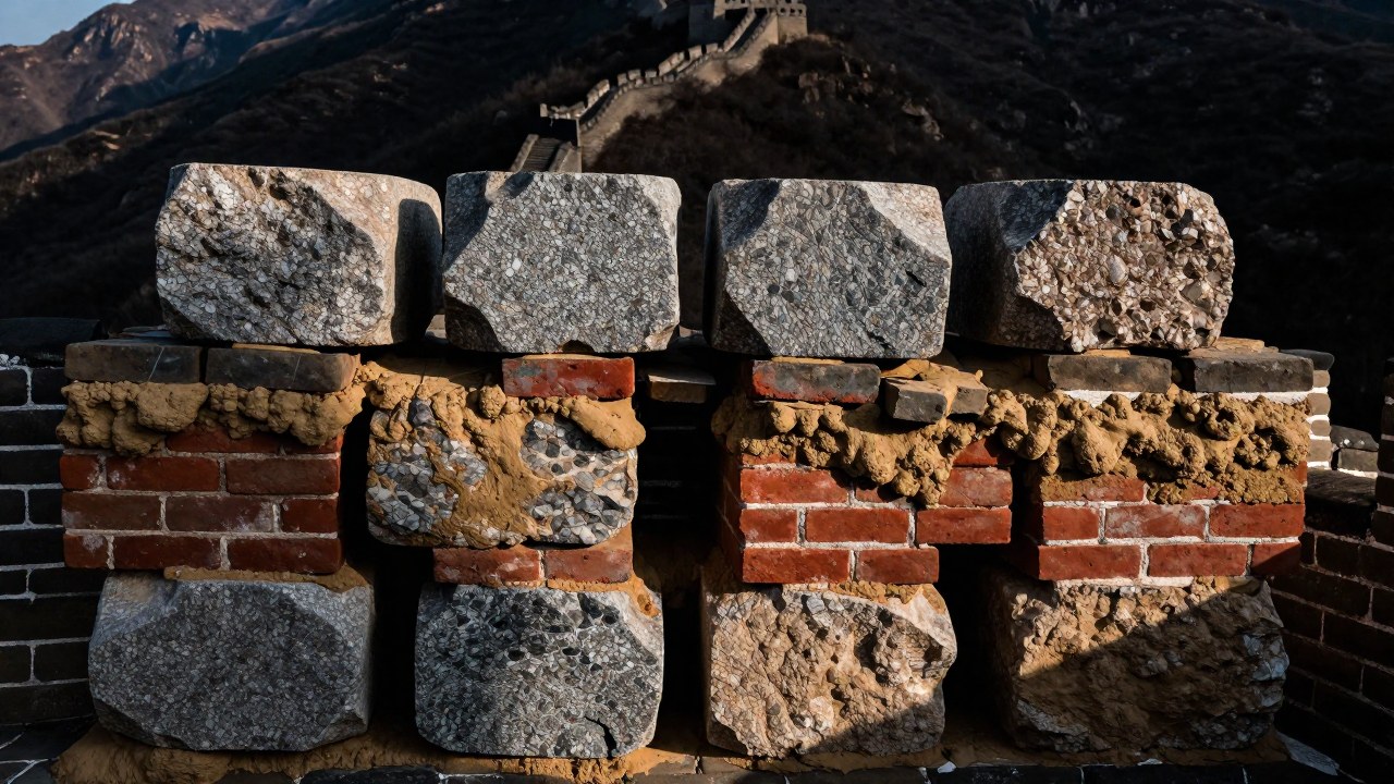 Mampostería de piedra y ladrillos se interconectan en la construcción de la Gran Muralla de China.