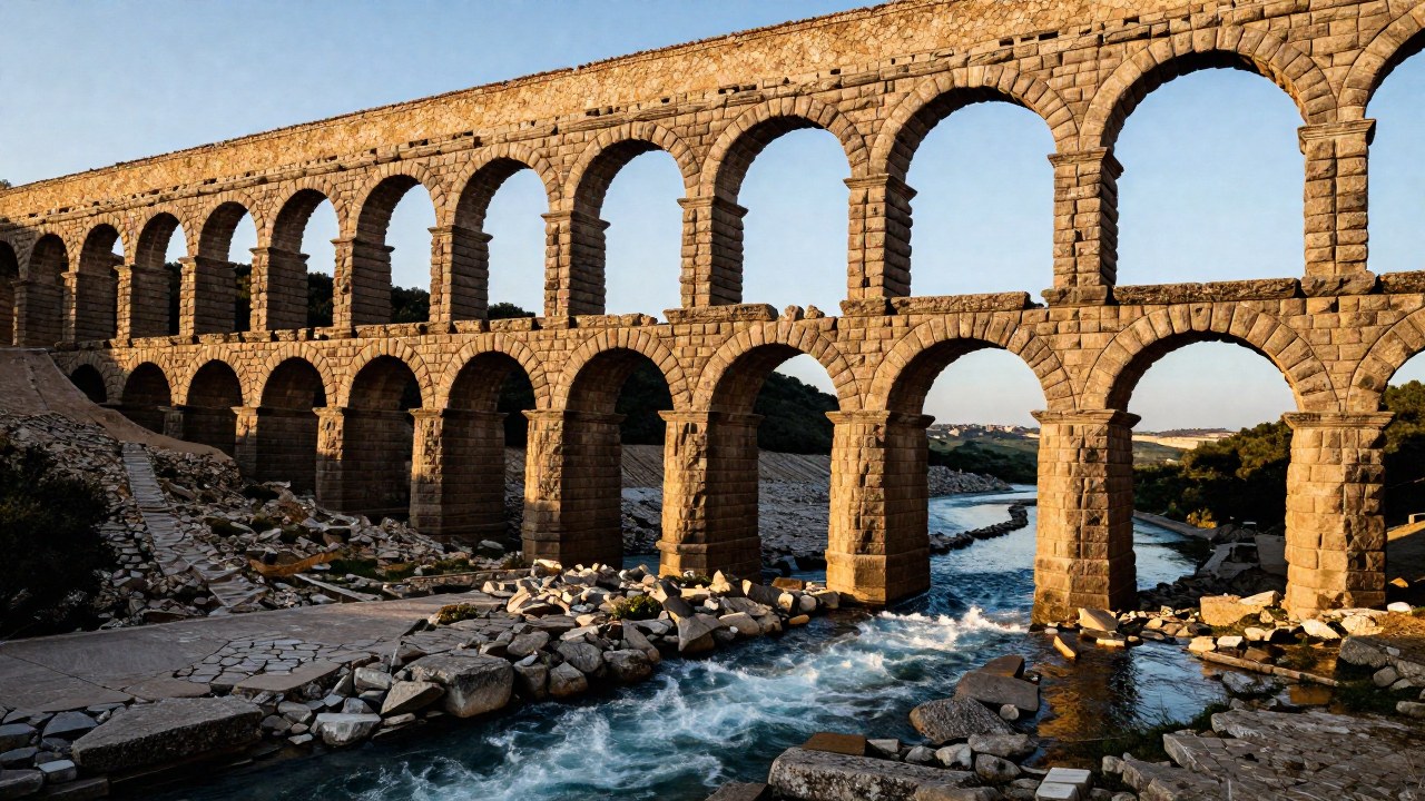 Acueducto romano de piedra mostrando la estructura de arcos y un flujo controlado de agua.