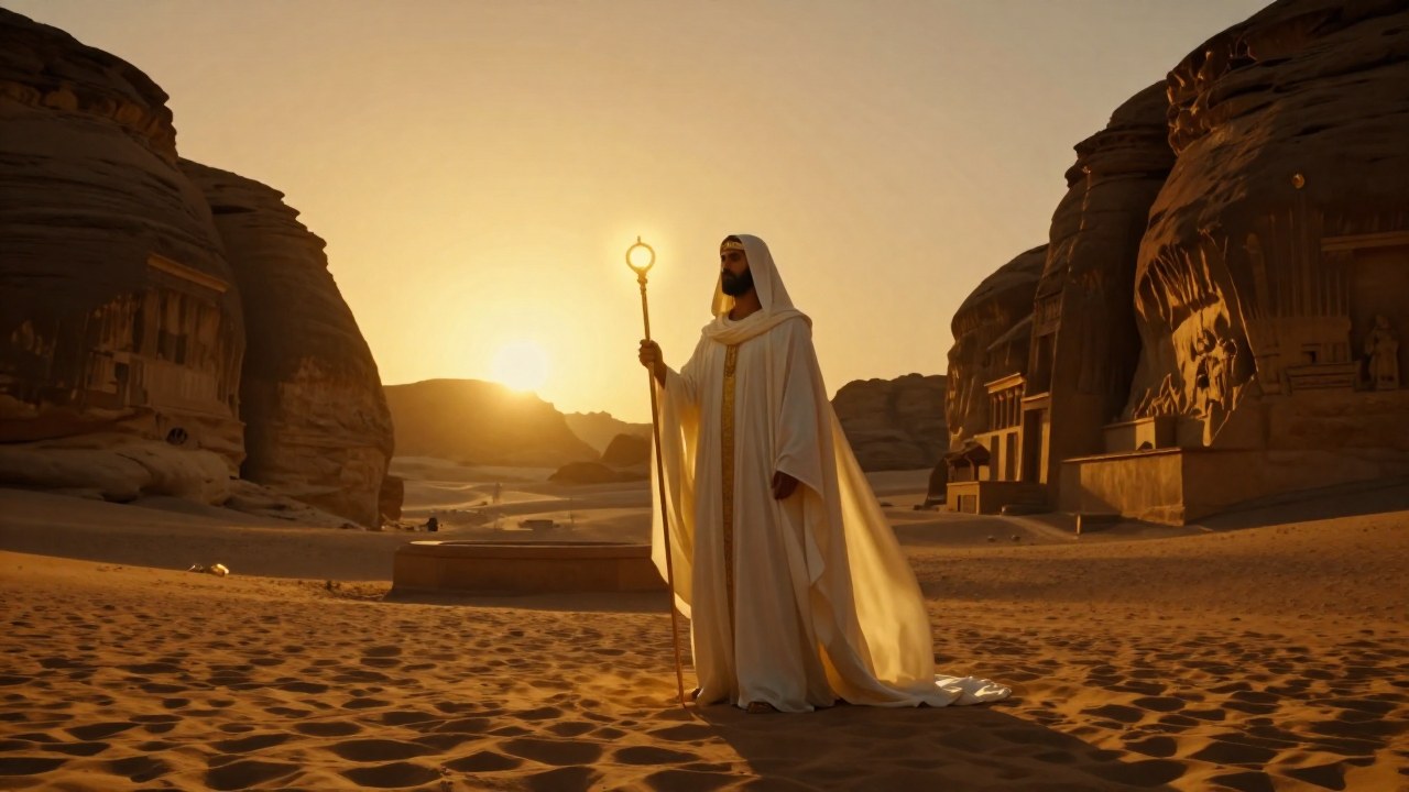 Figura de Mitra en un paisaje desértico iraní, sosteniendo un báculo luminoso cerca de un altar de piedra.