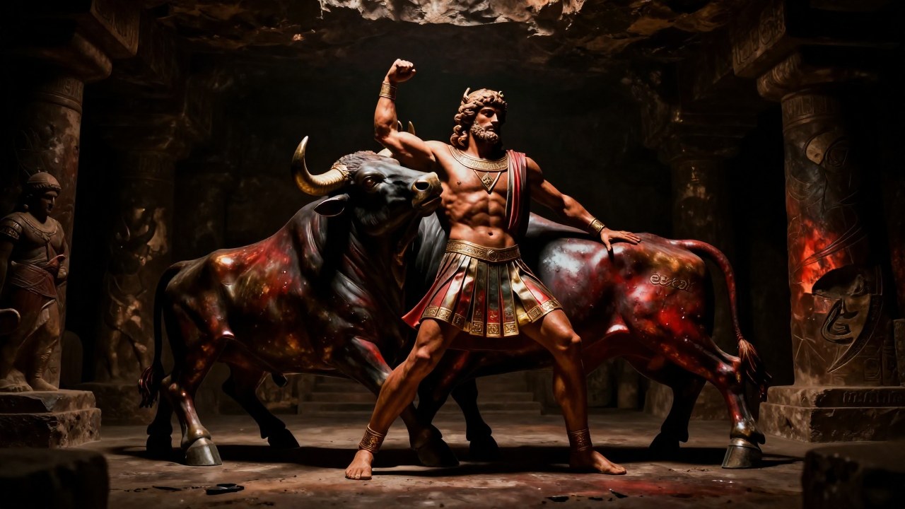 Un hombre musculoso realiza la Tauroctonia, matando un toro dentro de un templo subterráneo.