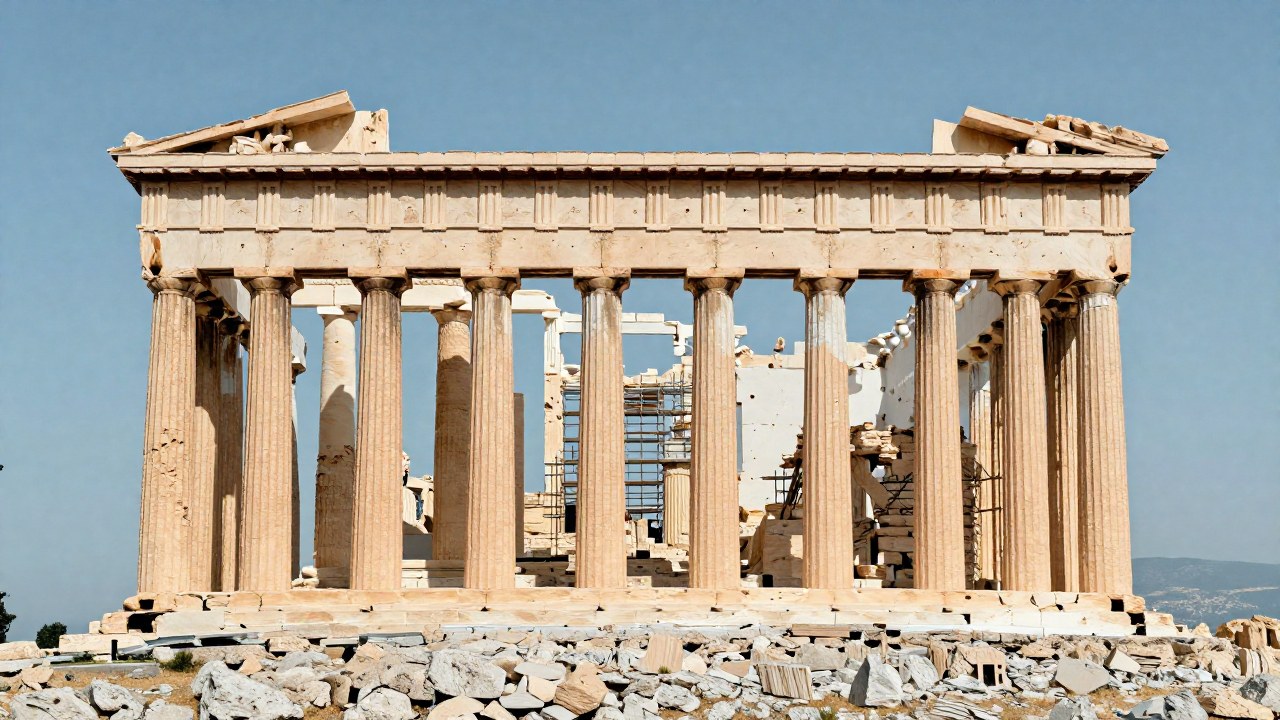 Fachada monumental del Partenón en Atenas, destacando su estructura antigua y los elementos de restauración.