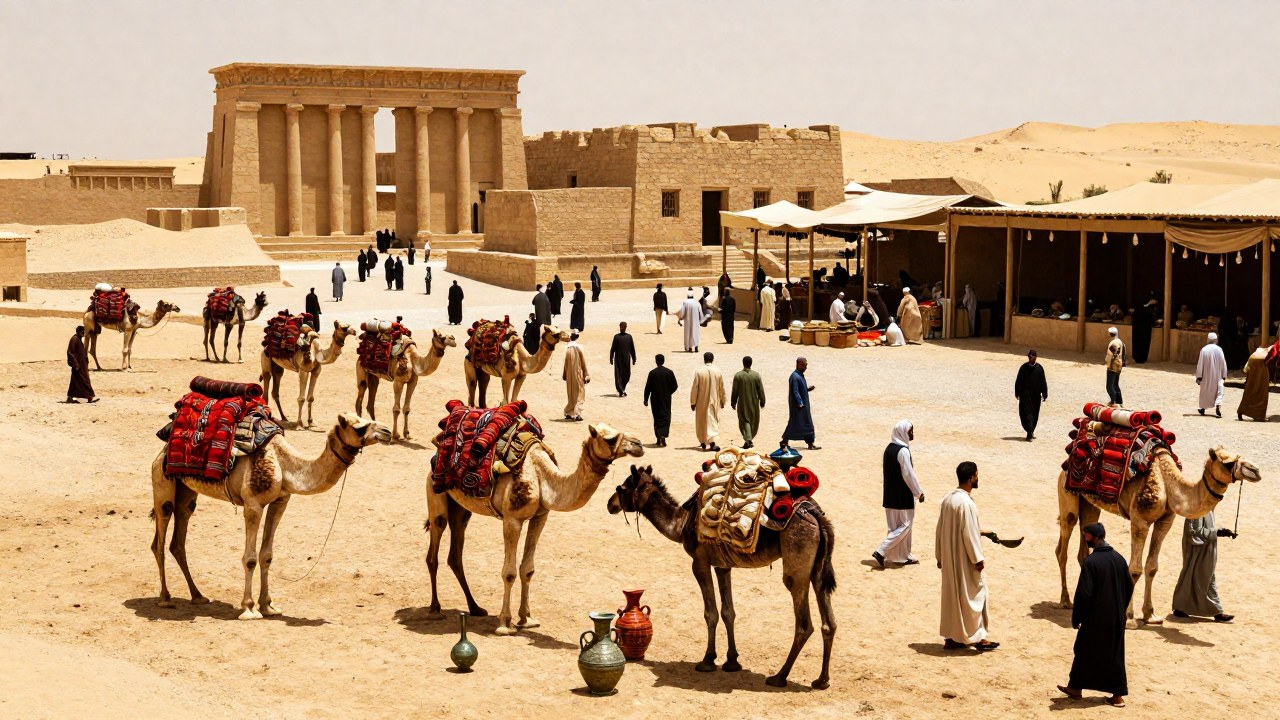 Mercaderes intercambian bienes orientales y romanos en un bullicioso caravanserai de Palmyra.