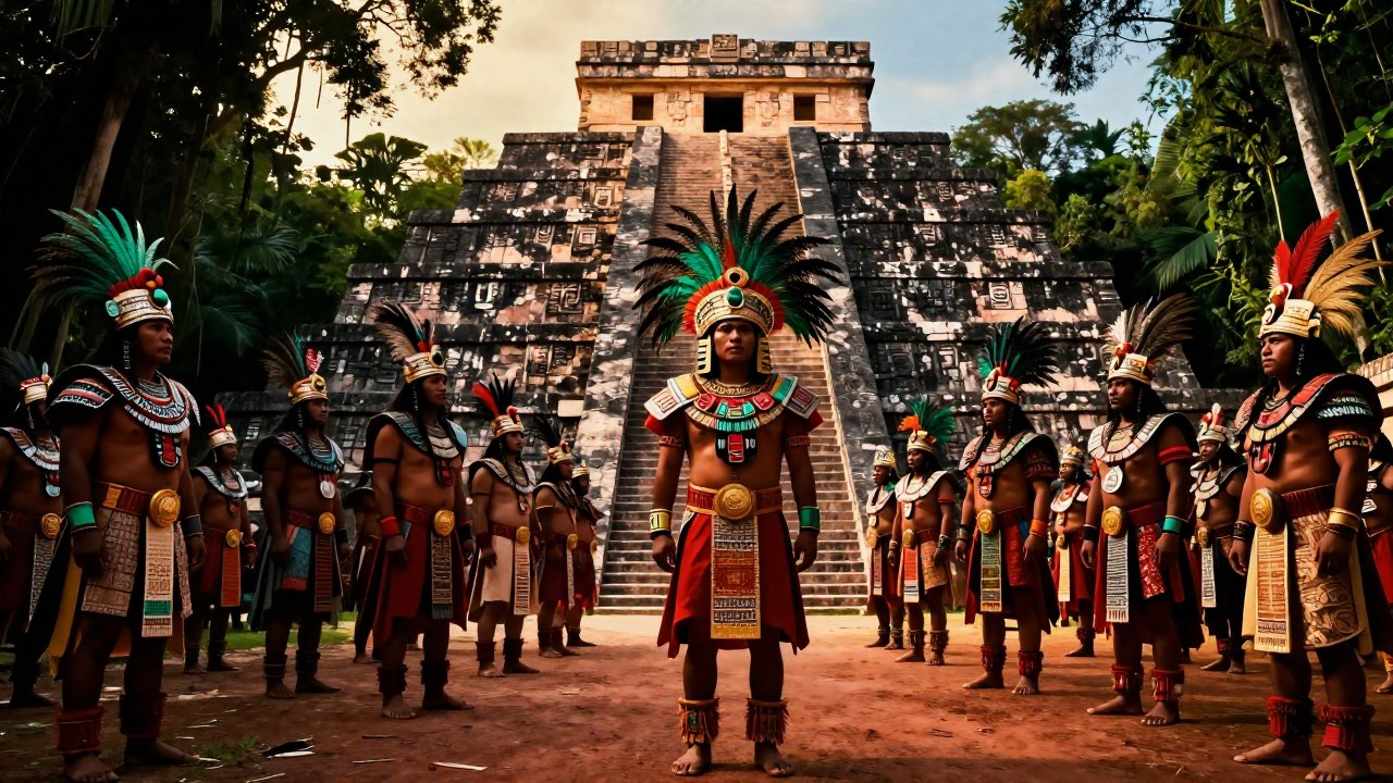 Guerreros aztecas en armadura ceremonial participan en un ritual religioso ante una pirámide mesoamericana.