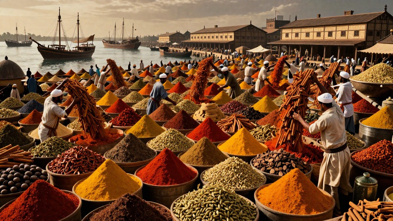 Trabajadores mueven especias coloridas en un vasto puerto asiático, simbolizando la competencia comercial global.